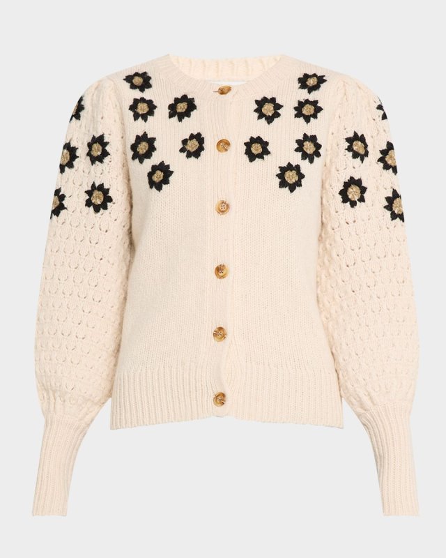 Felinedea Floral Embroidered Bishop-Sleeve Cardigan